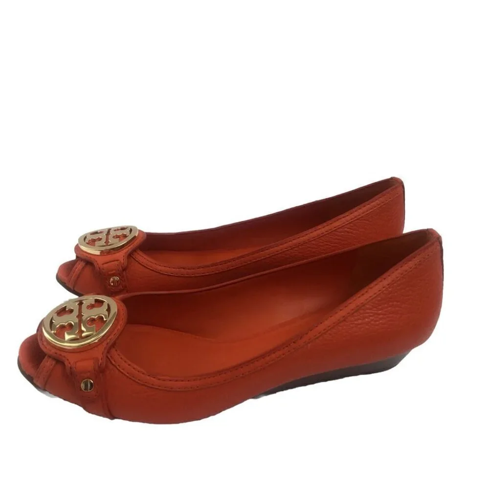 Tory Burch Shoes Leather Size 9 Leticia Open Toe Wedge poppy red orange